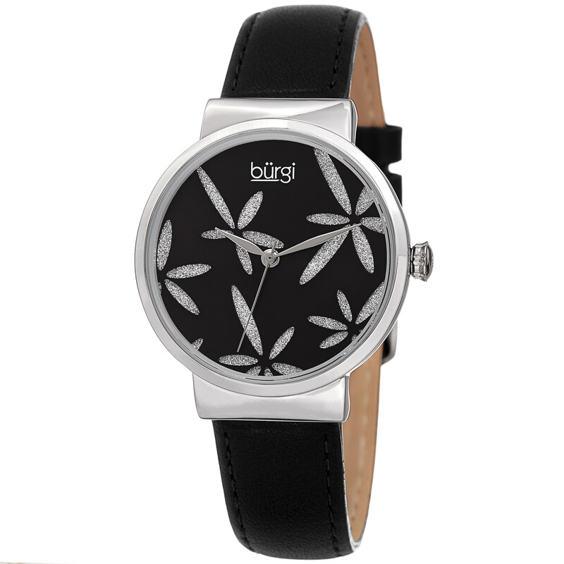 Burgi Sparkling Flower Quartz Black Dial Ladies Watch