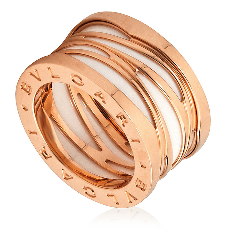 Bvlgari Ladies 18k Rose Gold B.Zero1 White Ceramic Ring, Size 53