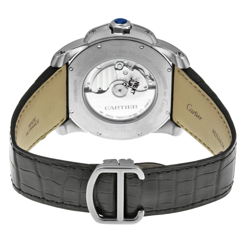 Cartier 42 mm Calibre De Cartier Silver Dial Black Leather Men's
