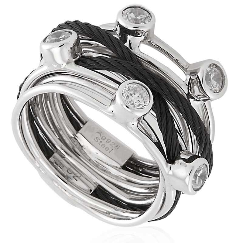 Charriol Tango White CZ Stones Steel Black PVD Cable Ring, Size 52 02 ...