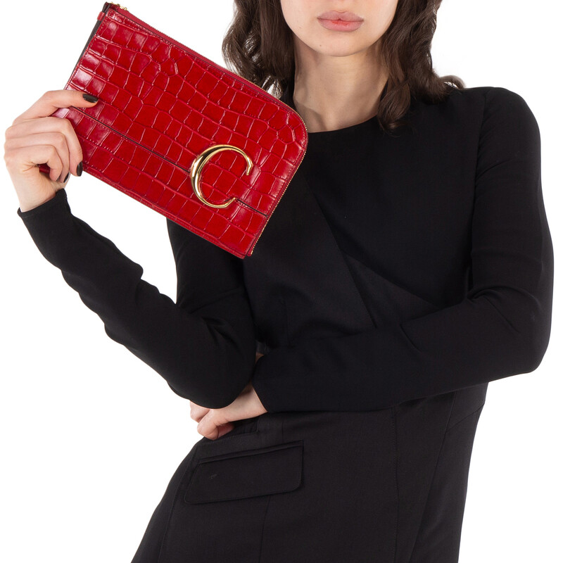 Chloé C Croc Embossed Leather Pouch CHC19UP086A87634 7613384837358