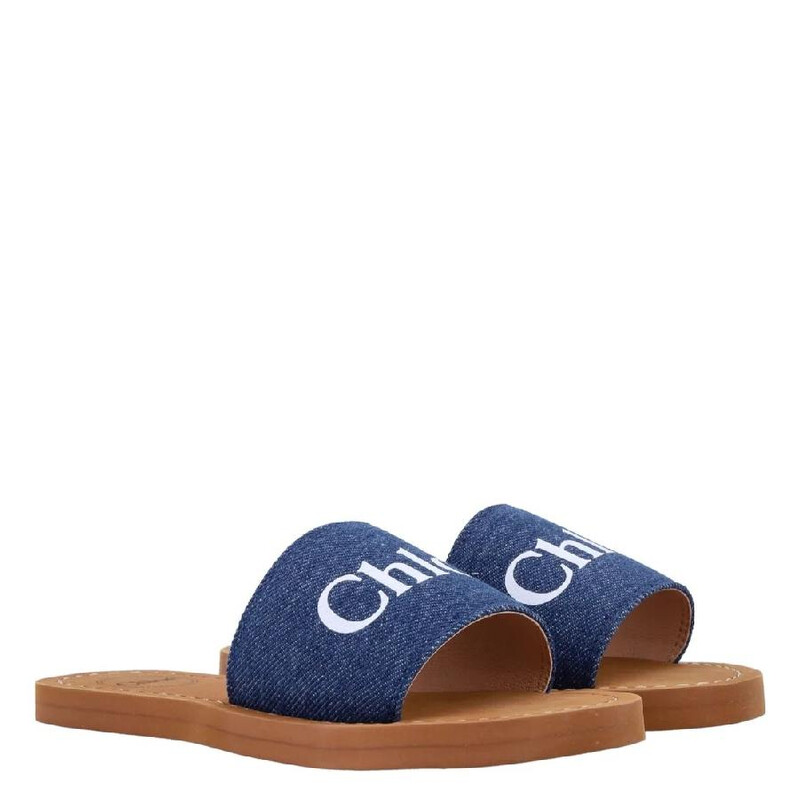 Chloé Girls Logo-Print Denim-Strap Slides, Brand Size 32 (1 Kids