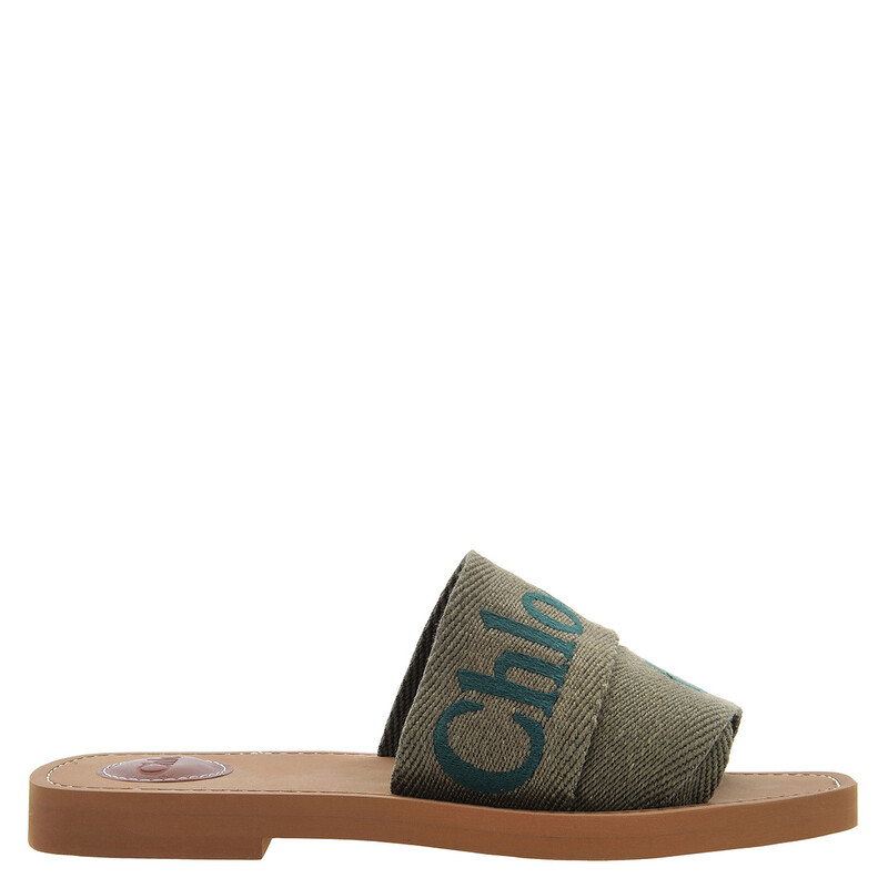 Chloé Woody Logo Flat Mules in Sweet Khaki, Brand Size 34 (US Size