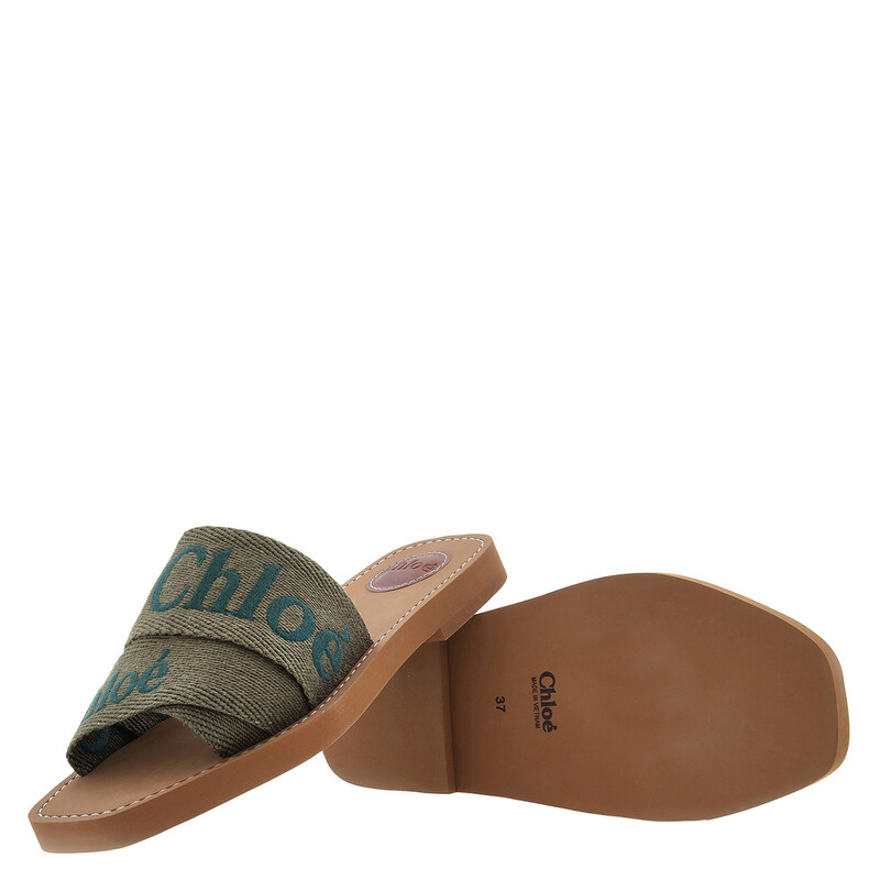 Chloé Woody Logo Flat Mules in Sweet Khaki, Brand Size 34 (US Size