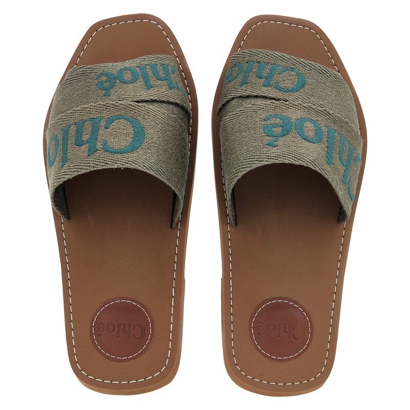 Chloé Woody Logo Flat Mules in Sweet Khaki, Brand Size 34 (US Size