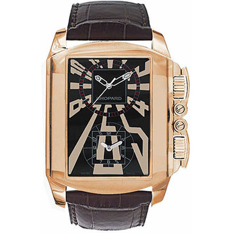 Chopard Dual Time Zone Black Dial Rose Gold Leather Men's Watch