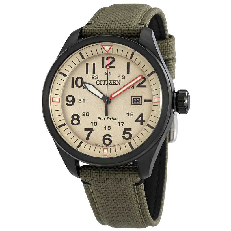 Citizen Eco-Drive Beige Dial Khaki Green Nylon Men's Watch AW5005