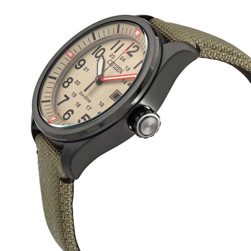 Citizen Eco-Drive Beige Dial Khaki Green Nylon Men's Watch AW5005