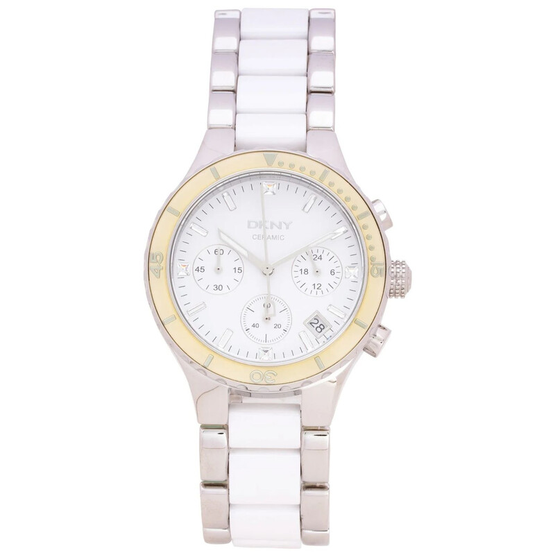 DKNY Chronograph Wite Dial Steel and Ceramic Bracelet Ladies Watch 