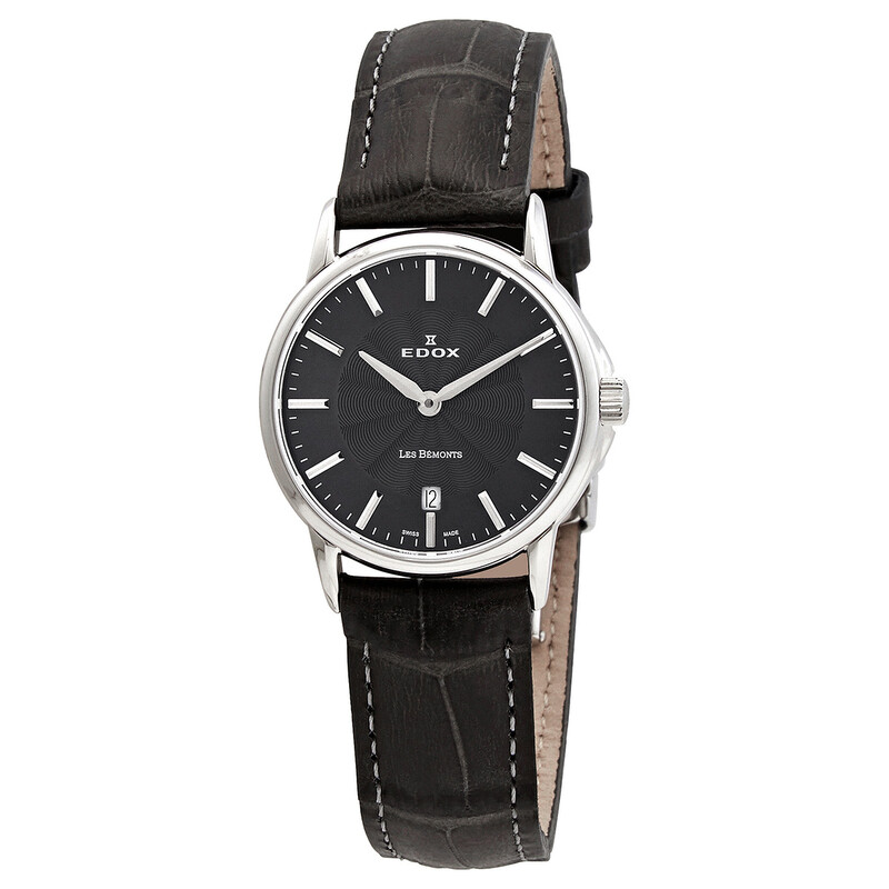 Edox Les Bemonts Black Dial Black Leather Ladies Watch 57001 3 GIN