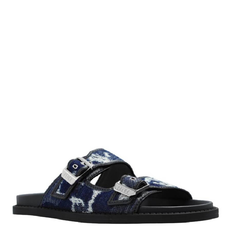 Fendi Engraved Logo Denim Slides, Brand Size 10 (US Size 11