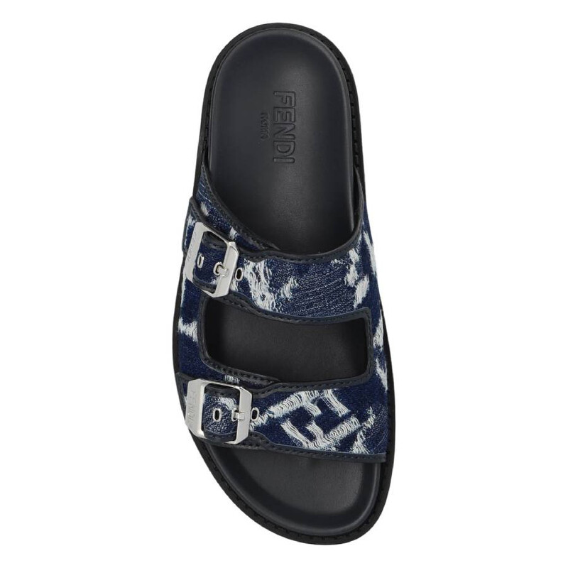Fendi Engraved Logo Denim Slides, Brand Size 10 (US Size 11