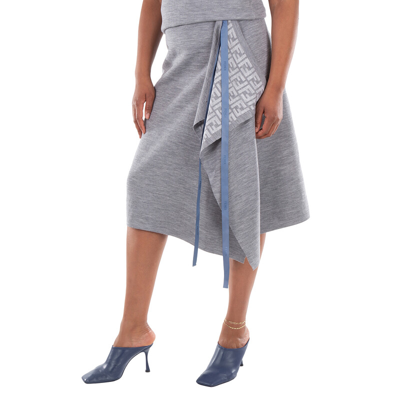 FENDI タイトスカート　スリット　ロゴ　ウール Fendi Logo Pattern Midi Drape Wool Skirt, Brand Size 46 (US Size