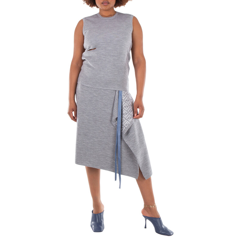 Fendi Logo Pattern Midi Drape Wool Skirt, Brand Size 46 (US Size