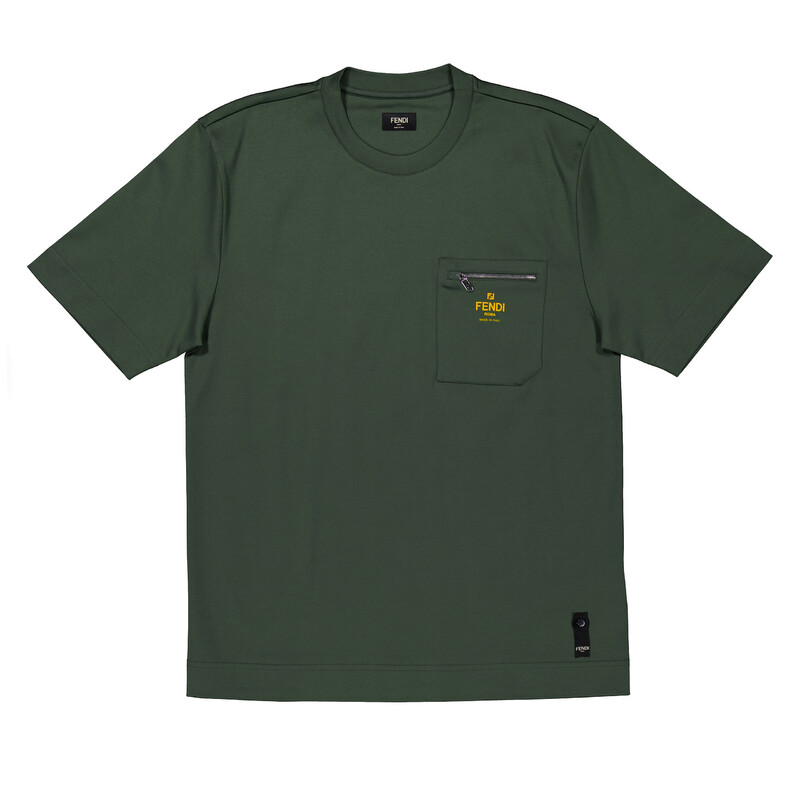 Fendi Men's Crewneck Cotton T-Shirt in Green, Size Medium FY0936
