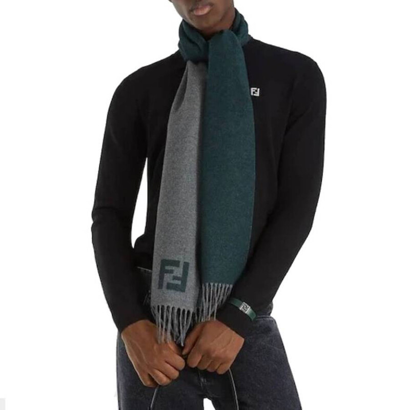 Fendi Men's Grigio / Verde Fringed Edge FF Scarf FXS734-AYBF-F1TTE