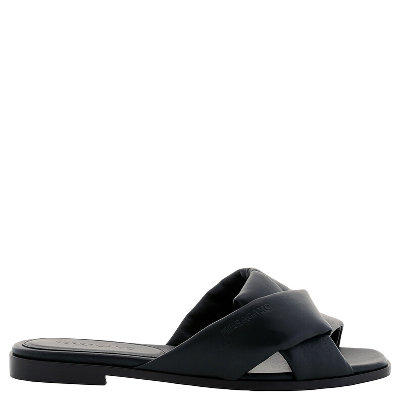 Ferragamo Black Alrai Crossover-Strap Nappa Slides, Size 7  display picture 1