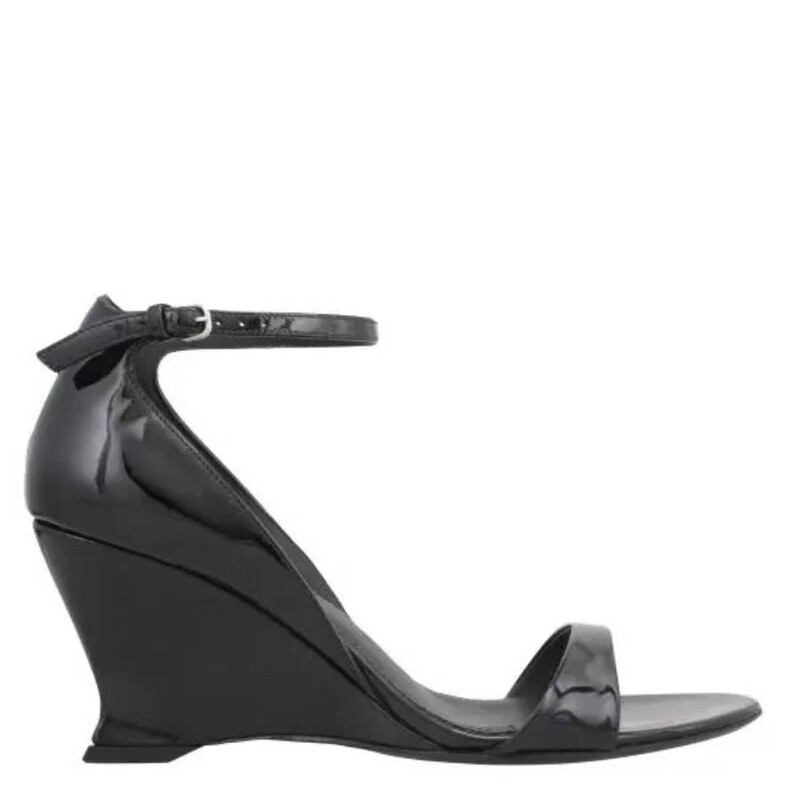 Ferragamo Black Vernice Open-Toe Wedge Sandals, Size 4.5 C 01G484