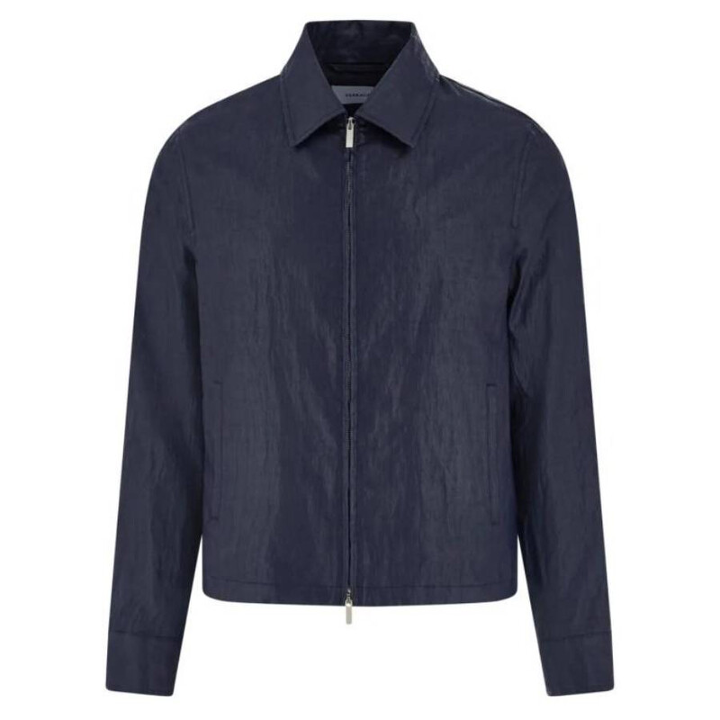 Ferragamo Blue Linen Blouson Jacket, Brand Size 50 ( US Size 40
