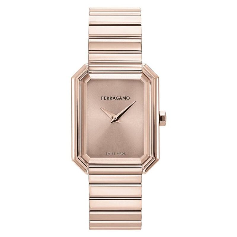 Ferragamo Crystal Tank Quartz Rose Gold Dial Ladies Watch