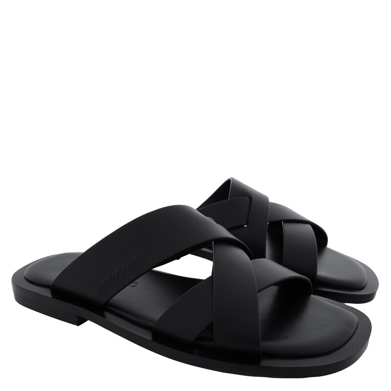 Ferragamo Men's Black Venice Cross-Strap Leather Sandals, Size 6