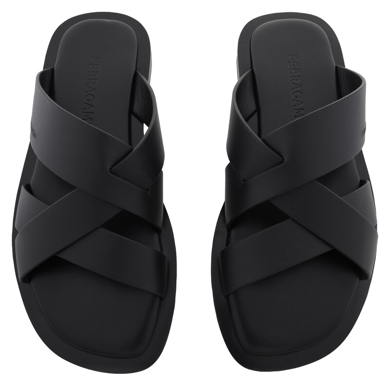 Ferragamo Men's Black Venice Cross-Strap Leather Sandals, Size 6