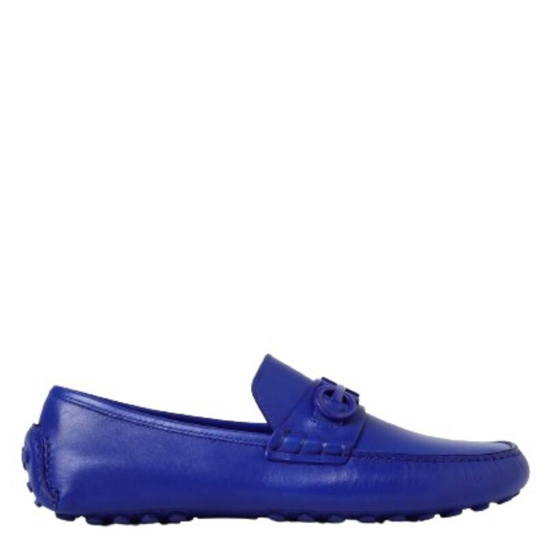 Ferragamo Men's Blue Grazioso Leather Gancini Ornament Moccasins