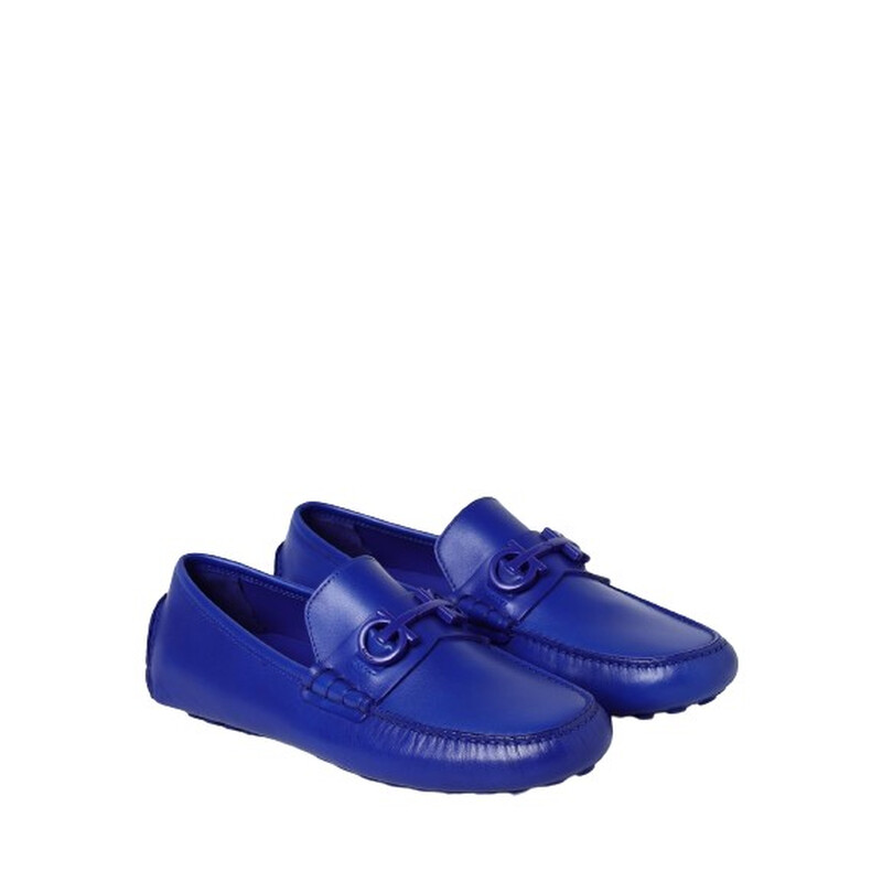 未使用品　FERRAGAMO ネイビー シルバー カフリンクス Ferragamo Men's Blue Grazioso Leather Gancini Ornament Moccasins