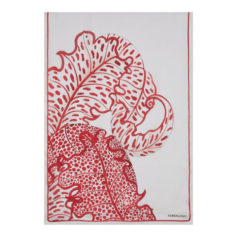 FERRAGAMO 葉柄スカーフ ホワイト・レッド　90×90サイズ ④ Ferragamo White Foliage Print Scarf 320750 763982 8056283186728