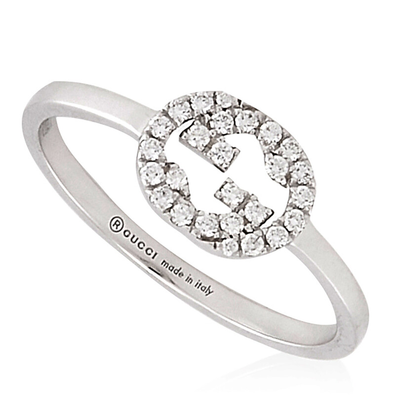 Gucci 18K White Gold Interlocking G Diamond Ring, Size 13