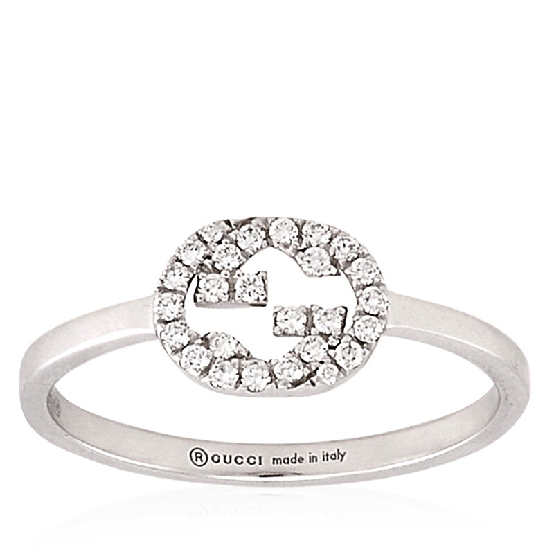 Gucci 18K White Gold Interlocking G Diamond Ring, Size 13