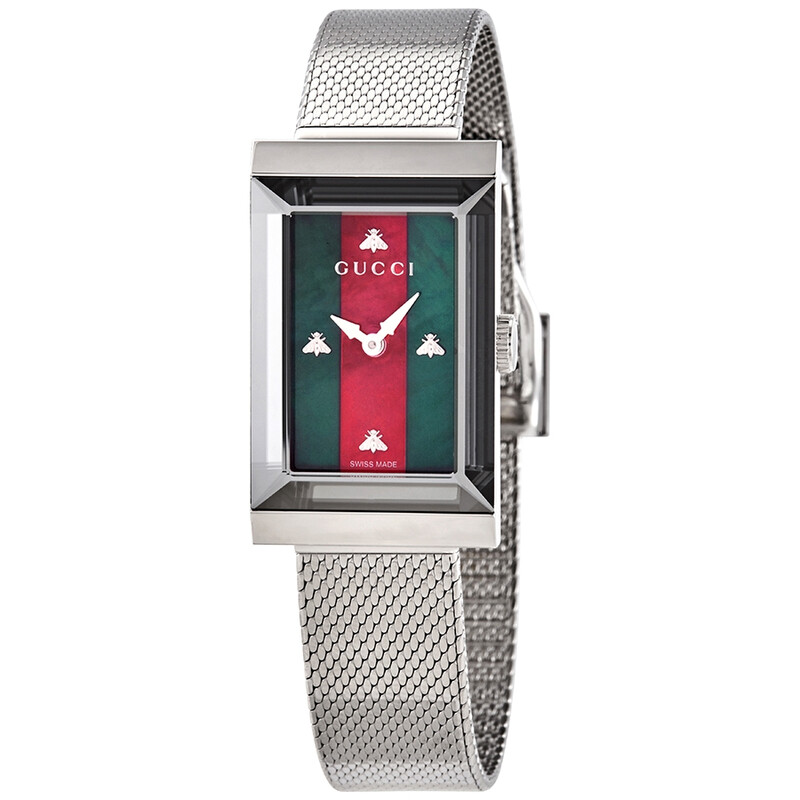Gucci G-Frame Quartz Green and Red Web Mother of Pearl Dial Ladies