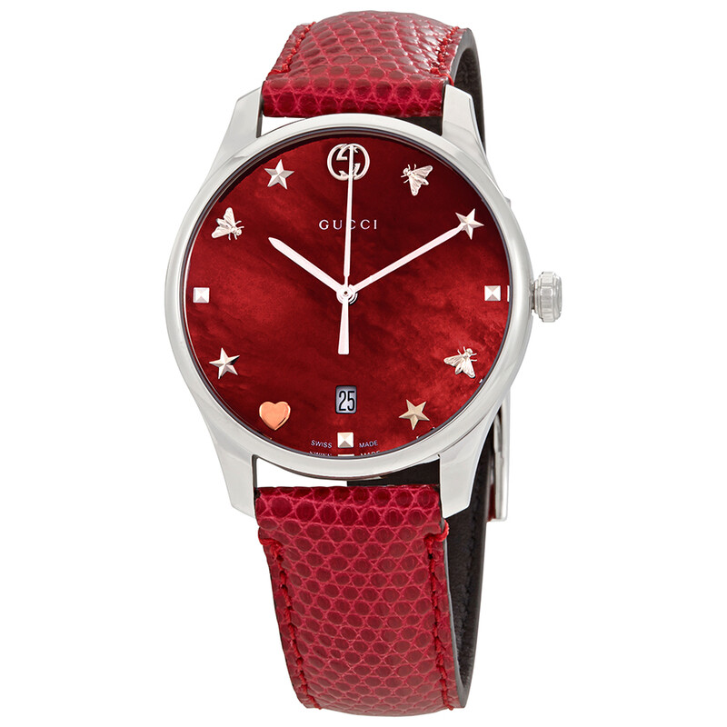 Gucci G-Timeless Cherry Red Mother of Pearl Dial Ladies Leather