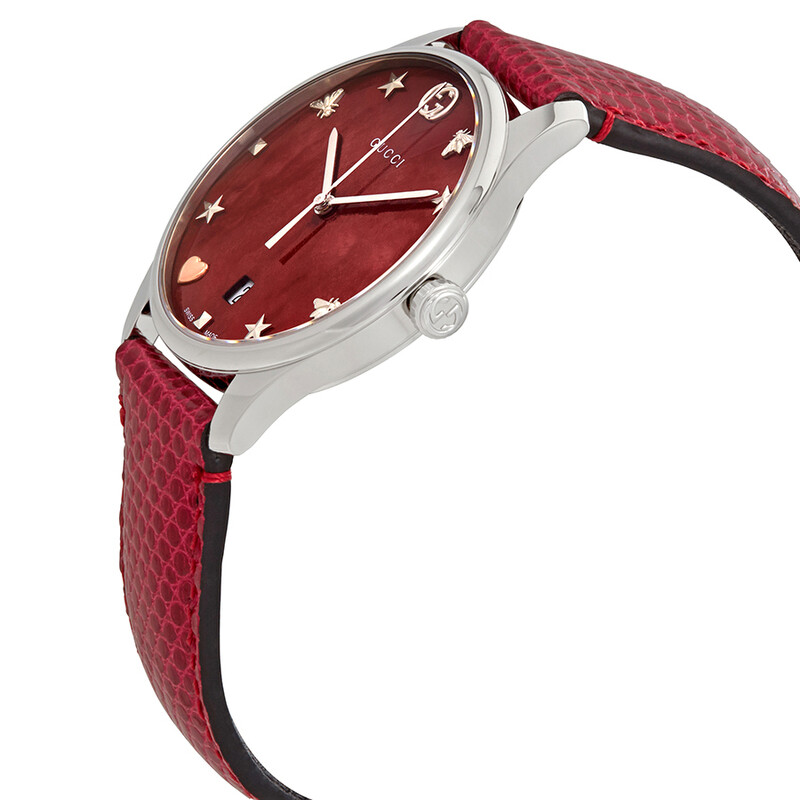 Gucci G-Timeless Cherry Red Mother of Pearl Dial Ladies Leather