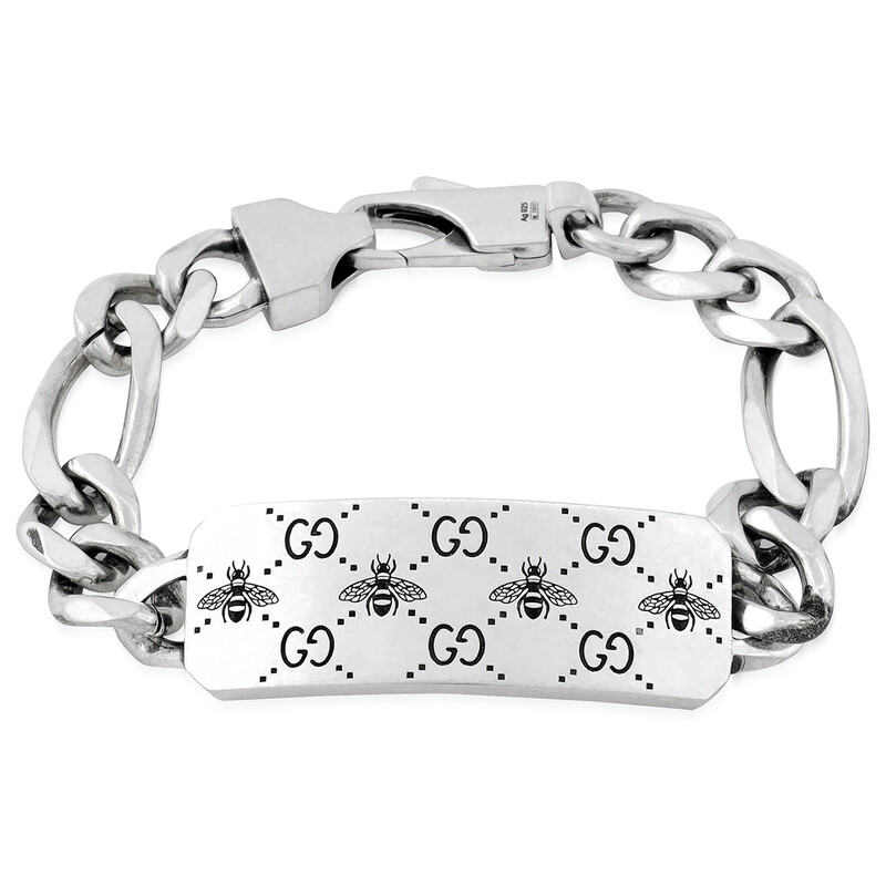Gucci Signature Silver Bracelet With Bee Motif, Size 19