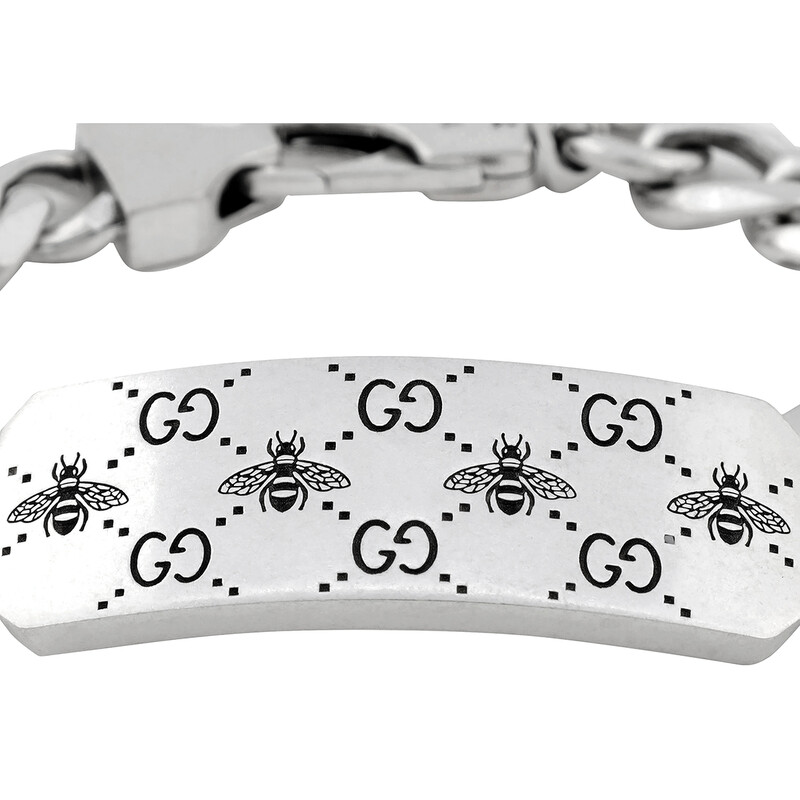 Gucci Signature Silver Bracelet With Bee Motif, Size 19