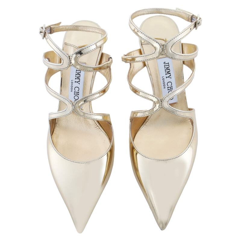 Jimmy Choo Azia 75 Gold Leather Pumps, Brand Size 34 ( US Size 4