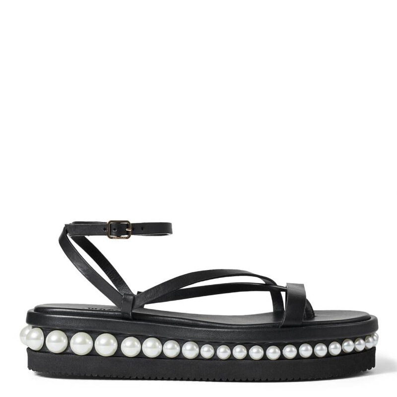 Jimmy Choo Pine Flat Pearl Embellished Leather Sandals, Brand Size