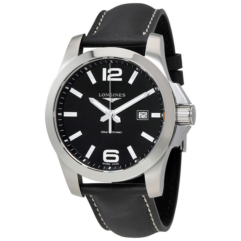 LONGINES クォーツ 腕時計 黒レザー Longines Conquest Black Dial Black Leather Men's 43mm Watch
