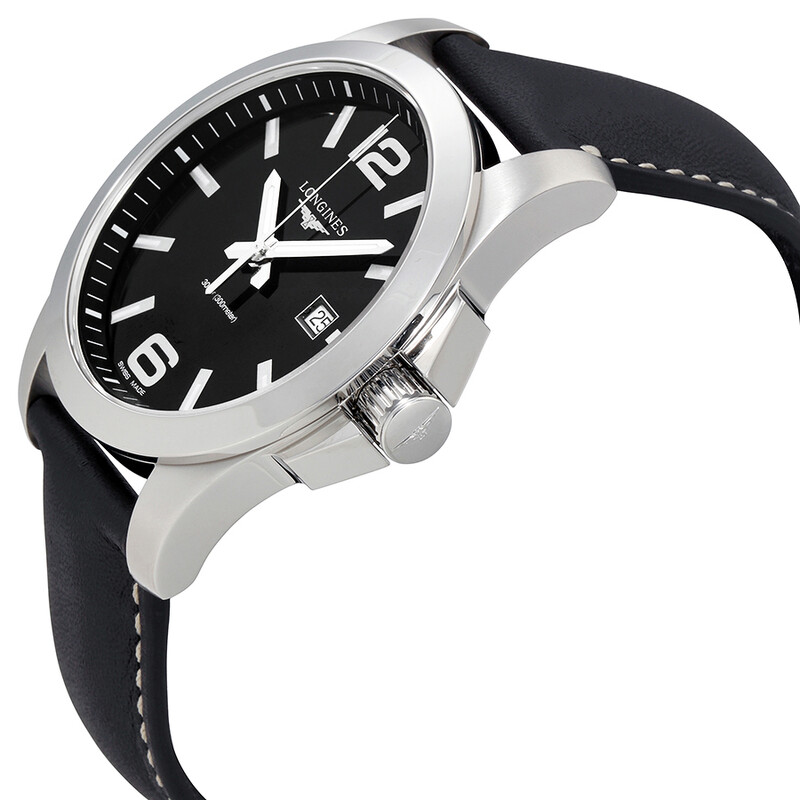 LONGINES クォーツ 腕時計 黒レザー Longines Conquest Black Dial Black Leather Men's 43mm Watch