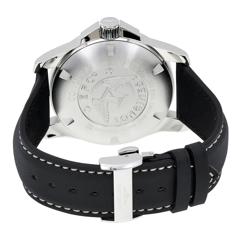 Longines Conquest Black Dial Black Leather Men's 43mm Watch