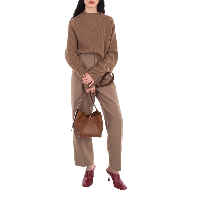 Max Mara Deer-Print Leather Small Bucket Bag 4516041600-BROWN