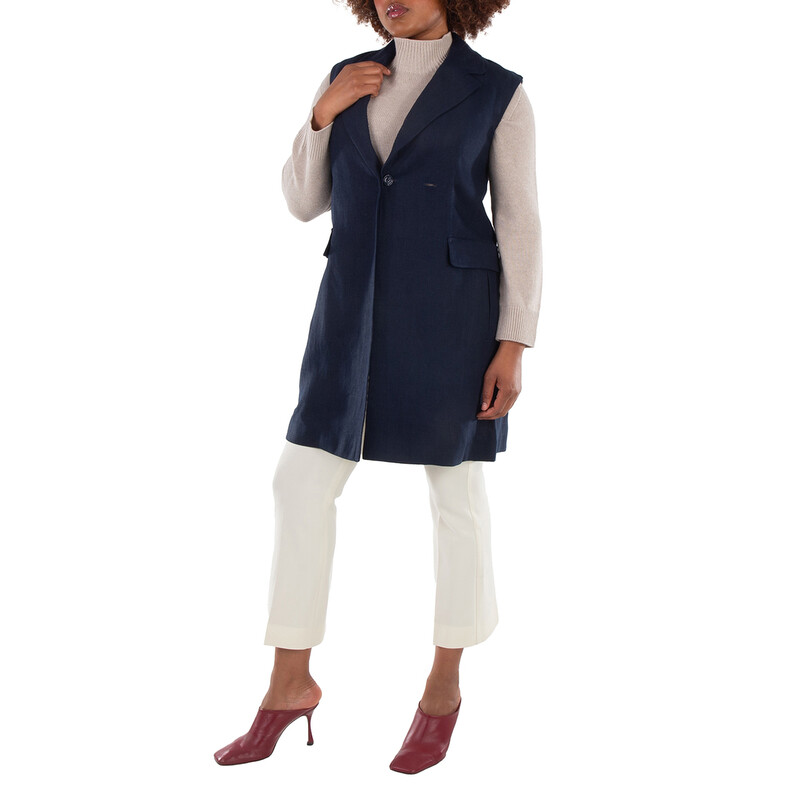 Max Mara Navy Marie Long Linen Vest, Brand Size 38 ( US Size 4