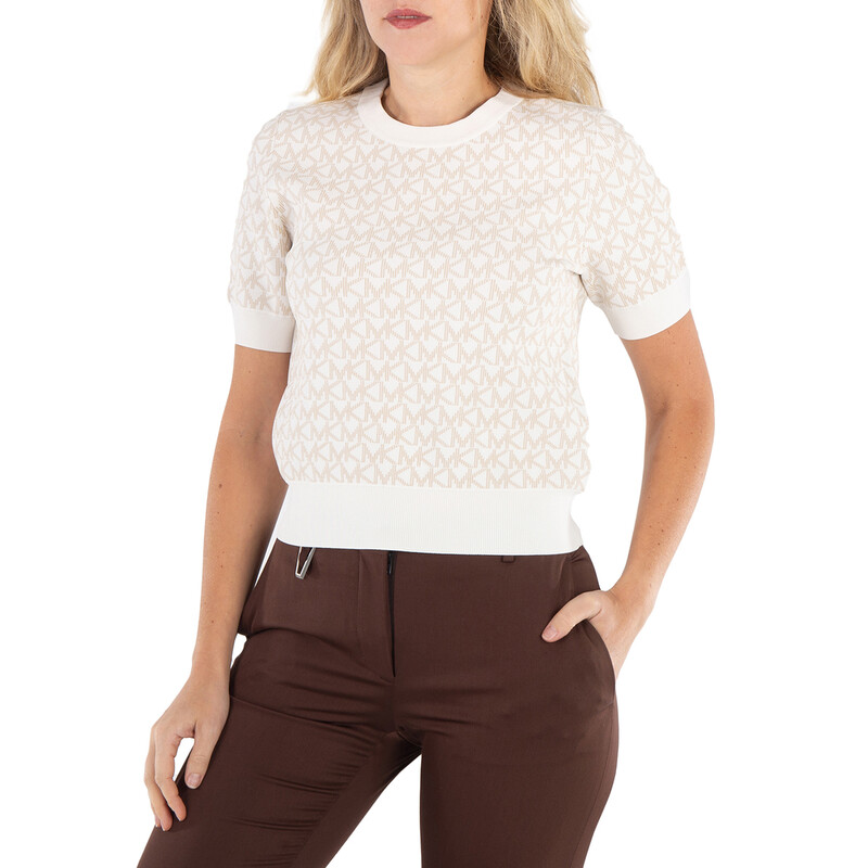 Michael Kors Ladies Bone Logo Jacquard Short-Sleeve Sweater, Size