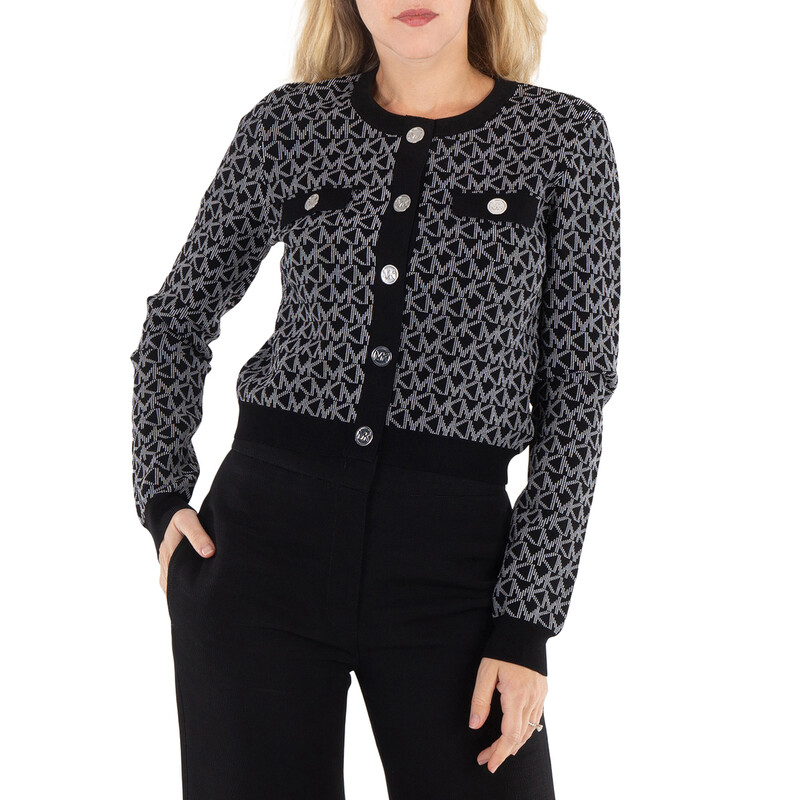 Michael Kors Long Sleeved Monogram Pattern Cardigan, Size Small