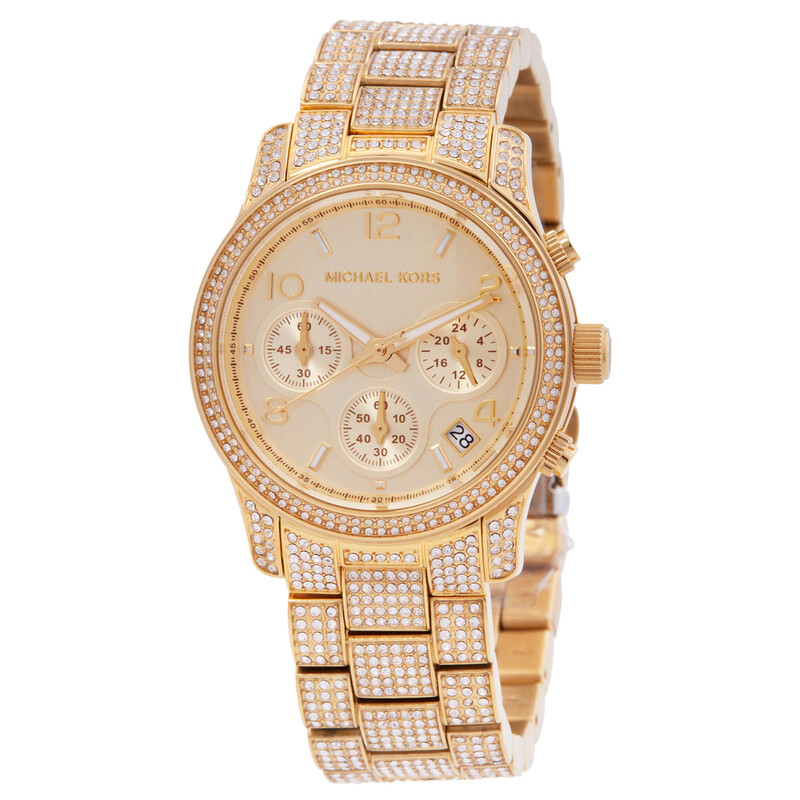 Michael Kors Runway Pave Chronograph Quartz Gold Dial Ladies Watch