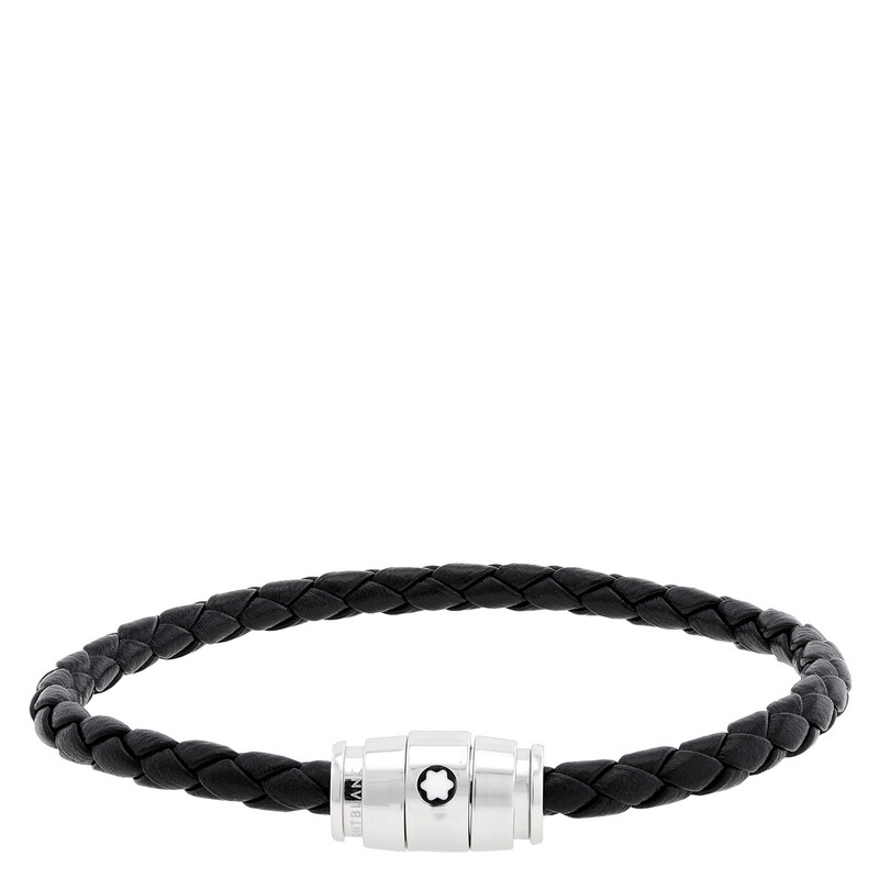 Montblanc Steel & Black Leather Bracelet, Size 60 MB130895