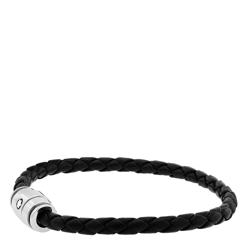 Montblanc Steel & Black Leather Bracelet, Size 60 MB130895