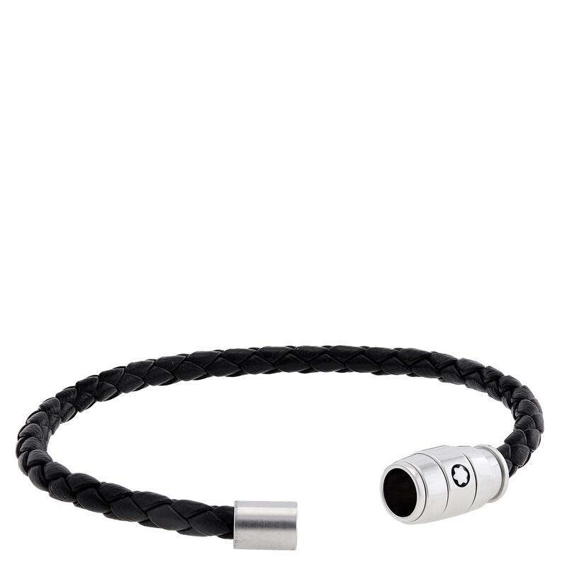 Montblanc Steel & Black Leather Bracelet, Size 60 MB130895