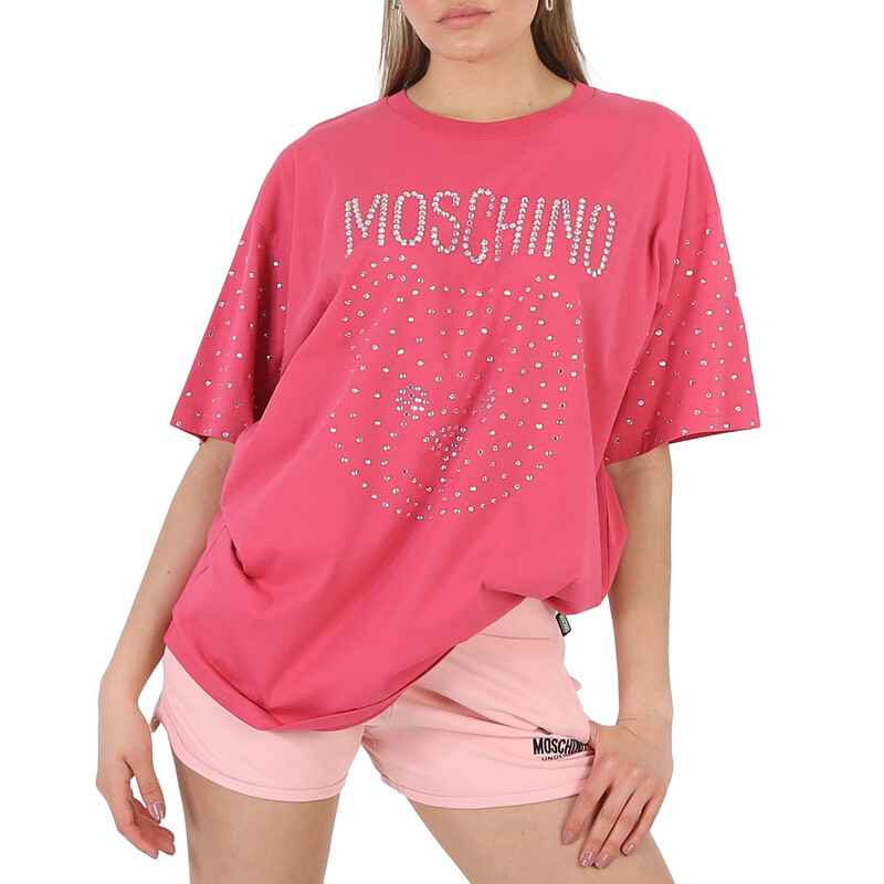 Moschino Fuschia Crystal Teddy Bear Oversize Cotton T-Shirt, Size